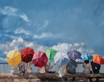 Umbrella Painting | Colorful | Family Portrait | Clouds | Sky | Personalised Painting | Beach Painting | Painting From Photo | Custom Oil