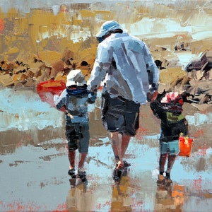 Giclee originele kunstdruk impressionist moderne schilderkunst kunstinrichting strandhuis 'Dad & The Boys' vader en zoon cadeau voor hem afbeelding 1