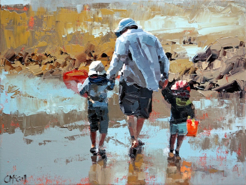 Giclee originele kunstdruk impressionist moderne schilderkunst kunstinrichting strandhuis 'Dad & The Boys' vader en zoon cadeau voor hem afbeelding 1