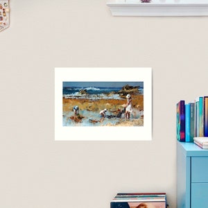 May include: A painting of three people on a beach. The people are wearing white clothing and are standing in the water. The water is blue and the sand is brown. The sky is blue and there are clouds in the sky.