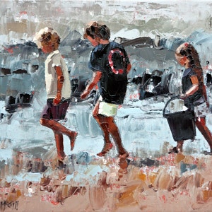 Giclee, original art print, of my, impressionist oil, modern painting, perfect art decor, for a, beach house, &#39;Collecting Pippies III&#39;.