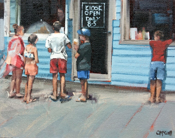 Nostalgic Art Print. Children Eating Ice-cream By The Beach Kiosk. 'Beach Kiosk' is a high quality giclee art print, ready to frame.