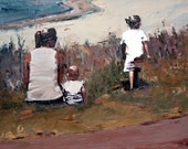 Impressão de arte australiana. Impressão de arte giclée de arquivo de 'Beachside'. Arte costeira impressionista contemporânea. Mãe e filha.