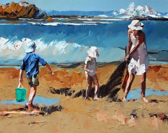 Original Beach Oil Painting: Mother and Children, Palette Knife Art
