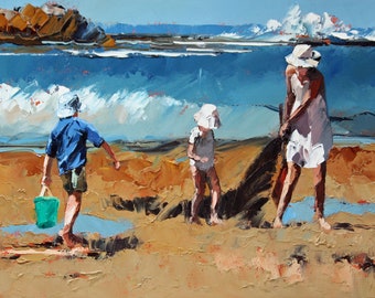 Pintura de playa. Madre e hijos en busca de tesoros en Rockpools. Pintura al óleo original de Palette Knife. Aceites de archivo.