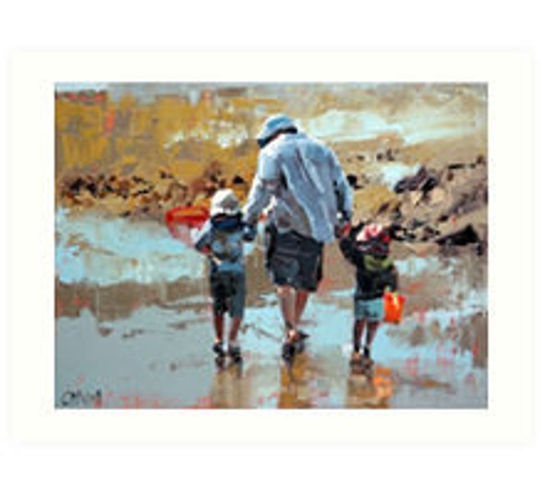 Giclee originele kunstdruk impressionist moderne schilderkunst kunstinrichting strandhuis 'Dad & The Boys' vader en zoon cadeau voor hem afbeelding 5