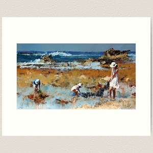 May include: A painting of a beach scene with three people in the foreground. Two children are bending over, looking at something on the ground, while a woman in a white dress and hat stands nearby. The ocean is in the background, with waves crashing on the shore.