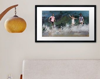 Framed Print, Ready-To-Hang of Children Playing In The Waves. Perfect Wall Decor For A Coastal Style Home.