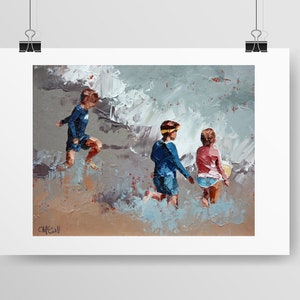 Beach Print For The Beach House. &#39;Beach Ball In The Waves&#39; Is A Museum Quality Print On Cotton Rag Paper. Children Chasing Ball In The Waves