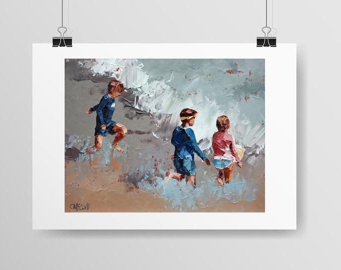 Print For The Beach House. 'Beach Ball In The Waves' Is A Museum Quality Print On Cotton Rag Paper. Children Chasing Ball In The Waves