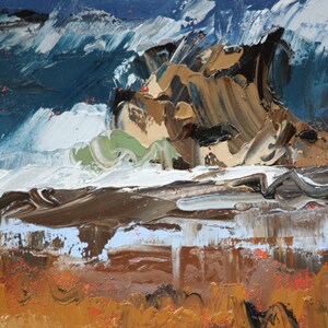 May include: Abstract painting of a stormy seascape with white, blue, brown, and green paint strokes. The painting depicts a large wave crashing against a rocky shore.