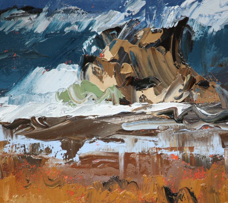 May include: Abstract painting of a stormy seascape with white, blue, brown, and green paint strokes. The painting depicts a large wave crashing against a rocky shore.