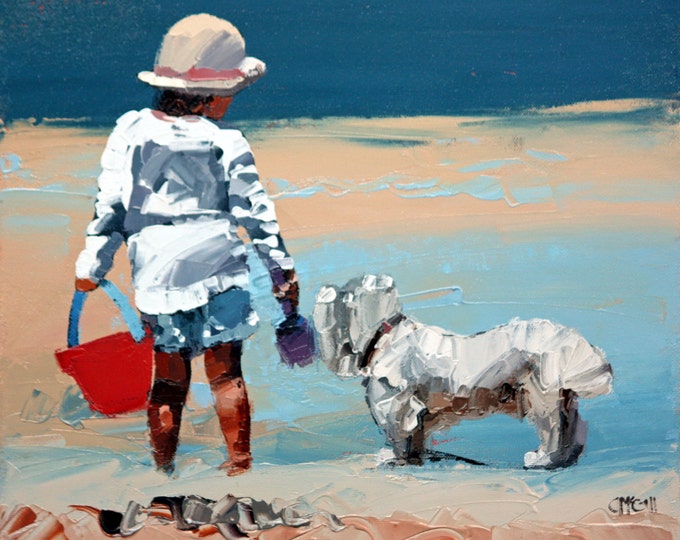 Canvas print | original artwork | impressionist | oil painting | dog wall art | beach art | beach house decor | girl and dog | coastal art