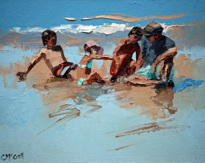 Children are sitting at the shore's edge in shallow waters with their dad. Painted in oil with a palette knife.