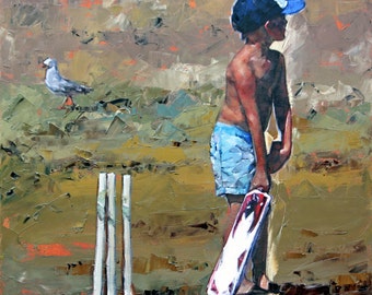 Giclee art print, impressionist art, from oil painting, beach art, modern print, beach house art, wall art, Beach Cricketer