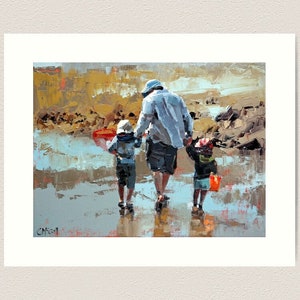 Giclee originele kunstdruk impressionist moderne schilderkunst kunstinrichting strandhuis 'Dad & The Boys' vader en zoon cadeau voor hem afbeelding 4