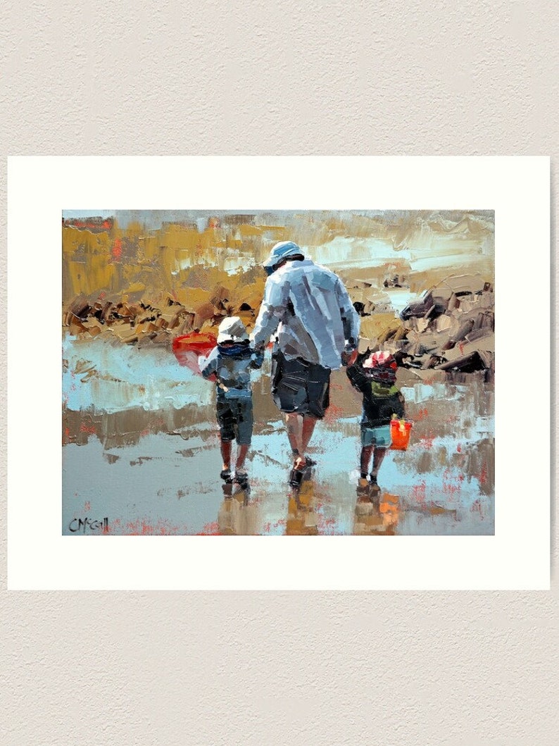 Giclee originele kunstdruk impressionist moderne schilderkunst kunstinrichting strandhuis 'Dad & The Boys' vader en zoon cadeau voor hem afbeelding 4