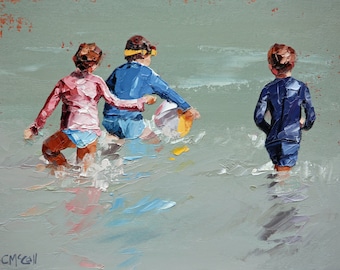 Origineel olieverfschilderij van kinderen die spelen met een strandbal op het strand. Dit schilderij op doek is geschilderd met een paletmes.