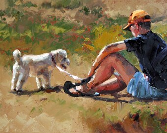 Jongen en hond schilderen | Olieverfschilderij | Dierlijke Kunst | Schilderij Originele | Getextureerde | Originele schilderij | Nostalgische kunst | Jeugdherinneringen