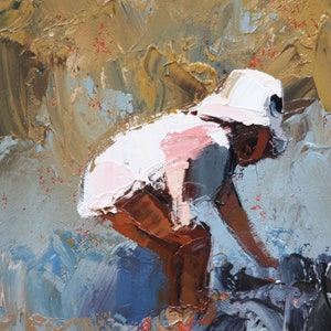 May include: A painting of a person wearing a white hat and a pink and white shirt, bending over with their back to the viewer. The background is a mix of blue, brown, and white paint.