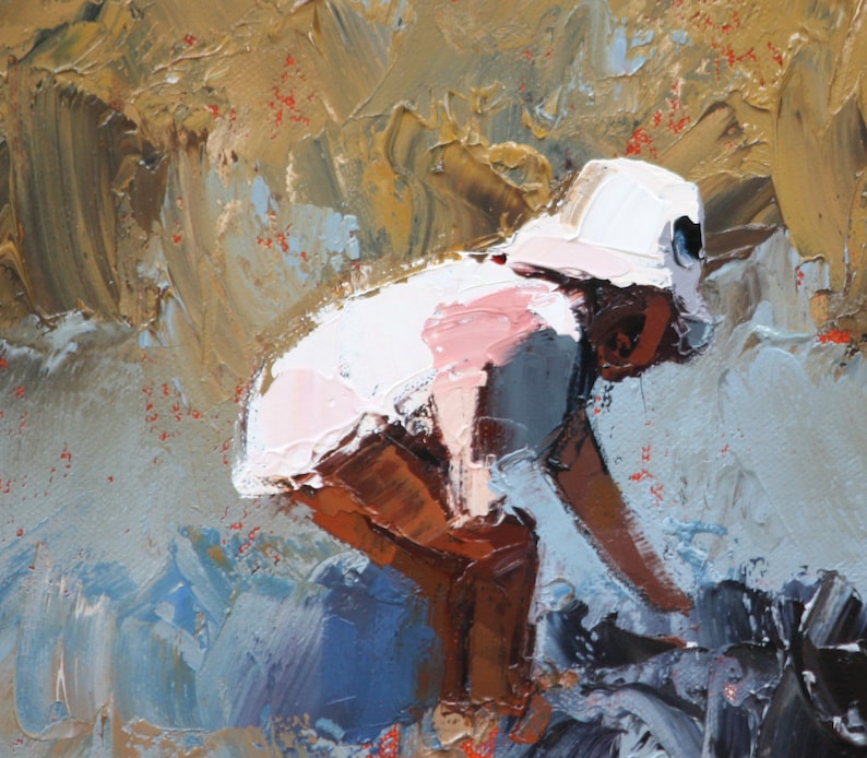 May include: A painting of a person wearing a white hat and a pink and white shirt, bending over with their back to the viewer. The background is a mix of blue, brown, and white paint.