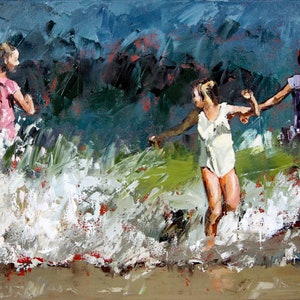 Australian Art. Impressionist Oil Painting of Children Braving The Waves. Memorable Moments At The Beach.