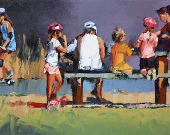 Children. Time To Rest From Playing and Skating. Mother and Children enjoy a picnic lunch.  High Quality Art Print, Ready To Frame.