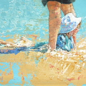 Original oil painting celebrating childhood memories at the beach as this child play in the shallows.