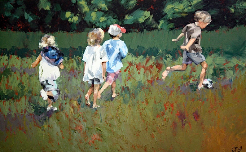 Limited edition art print gift for her park colorful print children playing wall decor impressionist soccer sport image 1