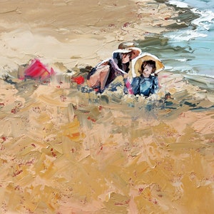 Seascape Figurative Painting. Children Playing By The Water's Edge in 'Beach Textures'. Original Oil Painting Completed With A Palette Knife image 1