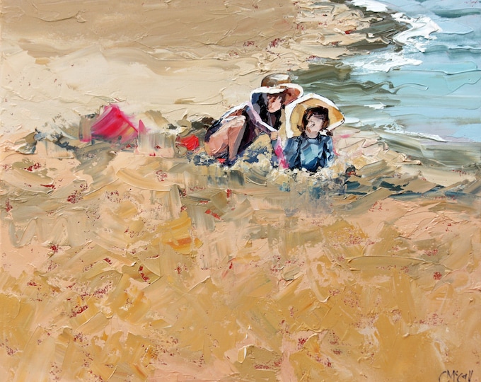 Seascape Figurative Painting. Children Playing By The Water's Edge in 'Beach Textures'. Original Oil Painting Completed With A Palette Knife