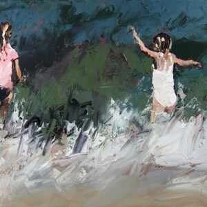 Ready-To-Hang Canvas Print of Children Playing In The Waves. Premium Stretched Canvas.