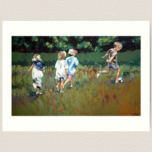 Limited edition art print gift for her park colorful print children playing wall decor impressionist soccer sport image 2