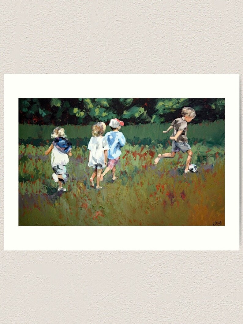 Limited edition art print gift for her park colorful print children playing wall decor impressionist soccer sport image 2