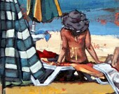 Impressão artística giclée, arte original, impressionista, pintura moderna, arte contemporânea, arte de praia, arte de casa de praia, arte de parede, The Sunbather II