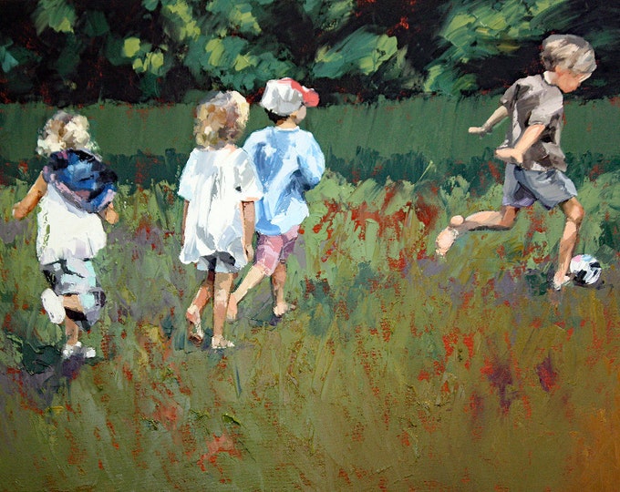 Original oil painting of children playing soccer at the park. Painted with a palette knife and full of texture.