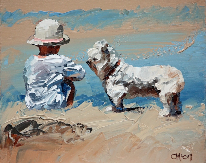 Giclee, original art print, of my, impressionist oil, modern painting, perfect art decor, for a, beach house, 'A Girl And Her Loyal Pup.''