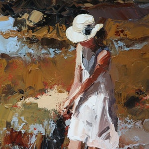 May include: A woman wearing a white dress and a white hat stands in a field of brown and green grass. The painting is done in a loose, impressionistic style.
