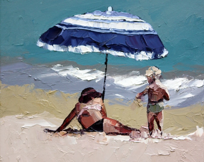 Mother and son enjoying a beautiful day at the beach, the cool sea breeze blowing in their hair. Textured Oil Painting.