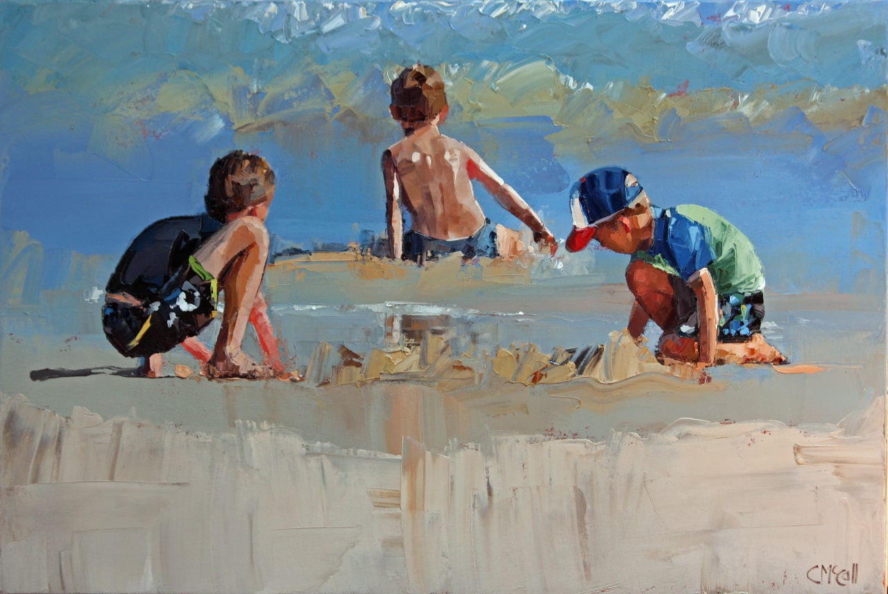 Beach Ocean Print. Three boys playing in the shallows. Museum quality giclee art print with vibrant colour. Ready to frame.
