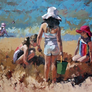 Original oil painting of children building sandcastles at the beach. Hear the sounds of the sun and surf in the middle of summer.