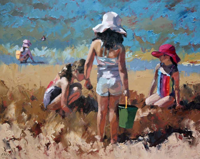 Original oil painting of children building sandcastles at the beach. Hear the sounds of the sun and surf in the middle of summer.