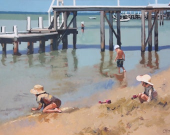 This original oil painting depicts a joyful scene of children playing by a jetty on the beach.