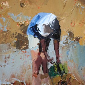 May include: A painting of a person in blue clothing bending over, with a green and brown object in the foreground.