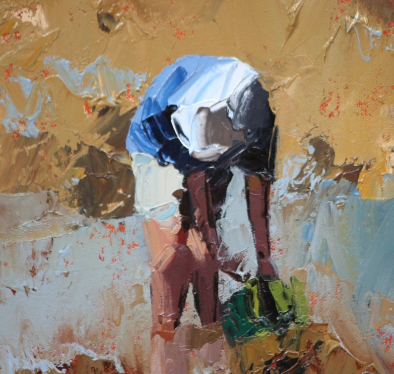 May include: A painting of a person in blue clothing bending over, with a green and brown object in the foreground.