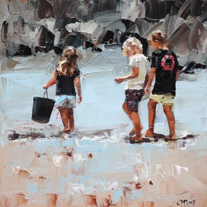 Giclee art print, on 100% cotton rag, a reproduction, from my, original impressionist, oil painting, Collecting Pippies II.