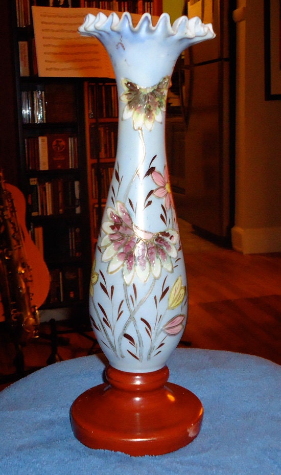 Vintage Handpainted Blown Milk Glass Bristol Vase Circa Mid Late 1800s