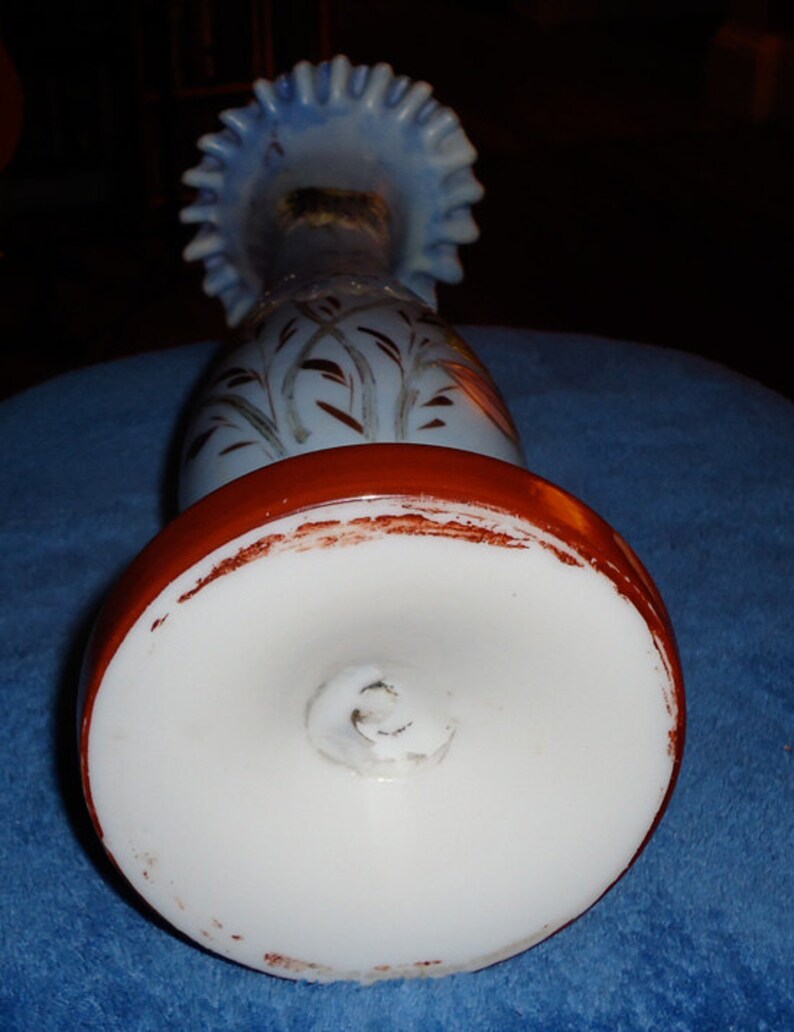 Vintage Handpainted Blown Milk Glass Bristol Vase Circa Mid Late 1800s
