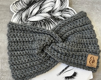 Crocheted Ear Warmer Headband Head Wrap Cold Weather Accessory Ribbed Twist Front Turban Style