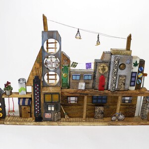 Wood Wall Art Decor, Mixed Media Houses Art, Zip Line Shantytown, Slum Houses, Reclaimed Wood Art Block, Wood Street, Handmade